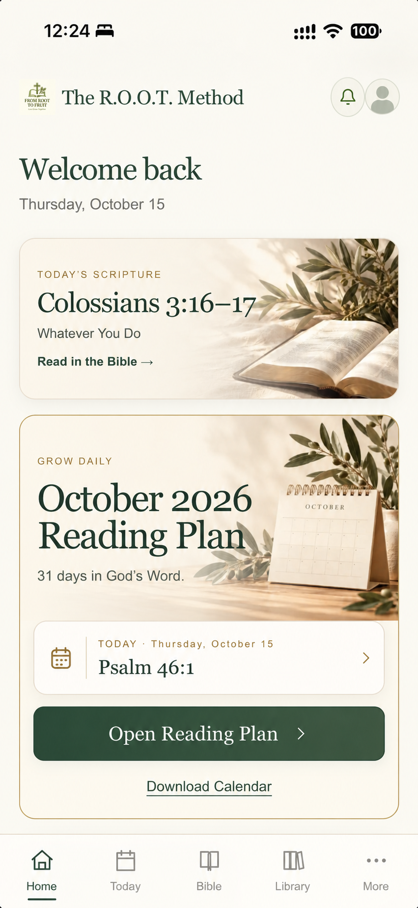 Current R.O.O.T. Method Home screen with anonymous profile, daily Scripture and October reading plan